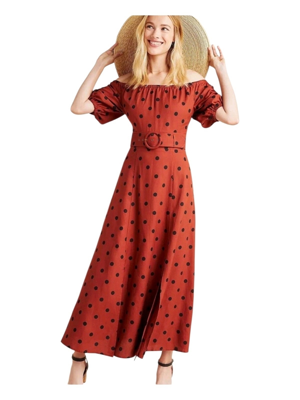 Anthropologie Rust Polka Dot Off The Shoulder Maxi Dress Sz 12